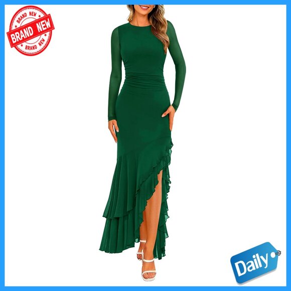 Long Sleeve Maxi Cocktail Dress Ruched Mermaid Wedding Guest Formal